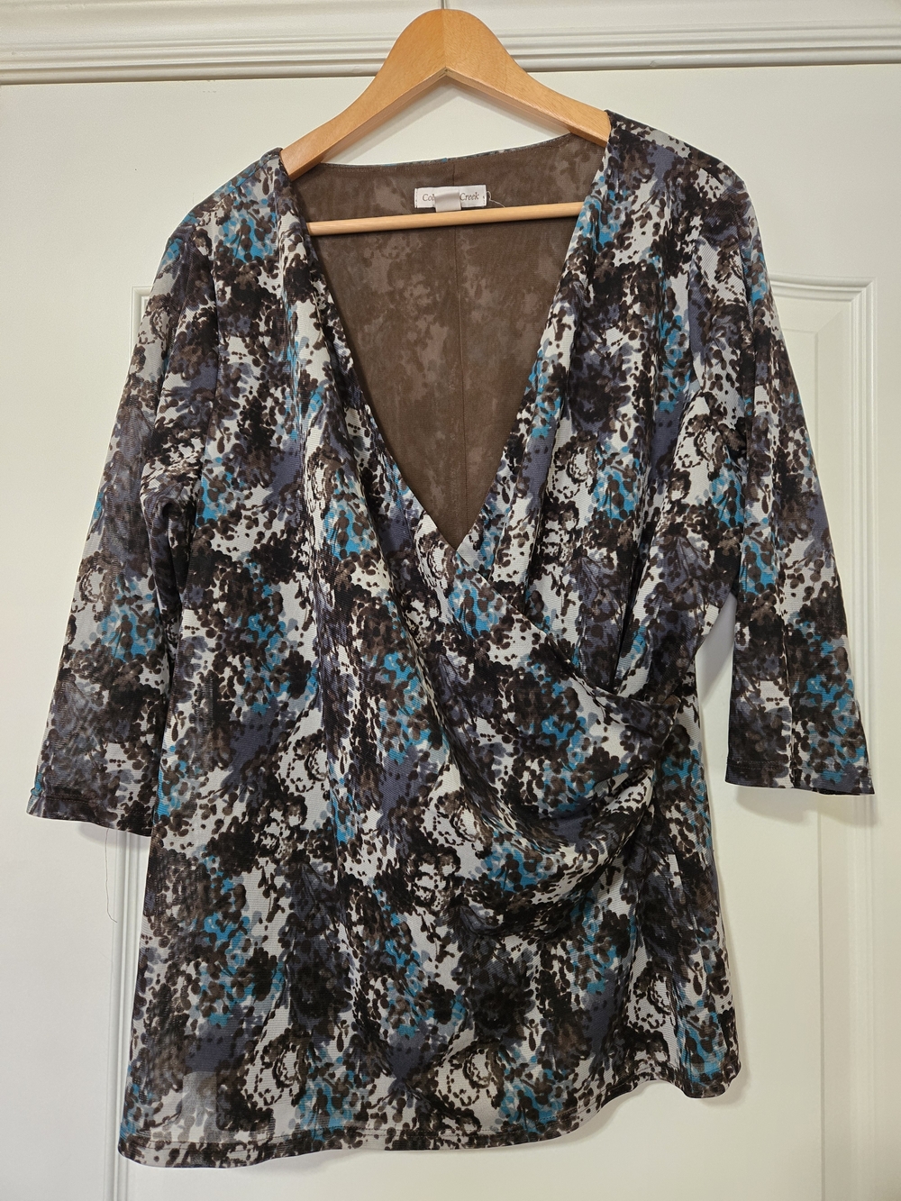 Coldwater Creek Women's Teal, Gray & Black Draped V-Neck Blouse